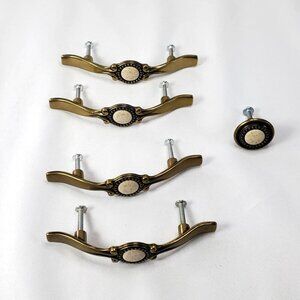 VTG Amerock Drawer Handle Pulls Speckled Ceramic Antique Brass 4 Pulls 1 knob